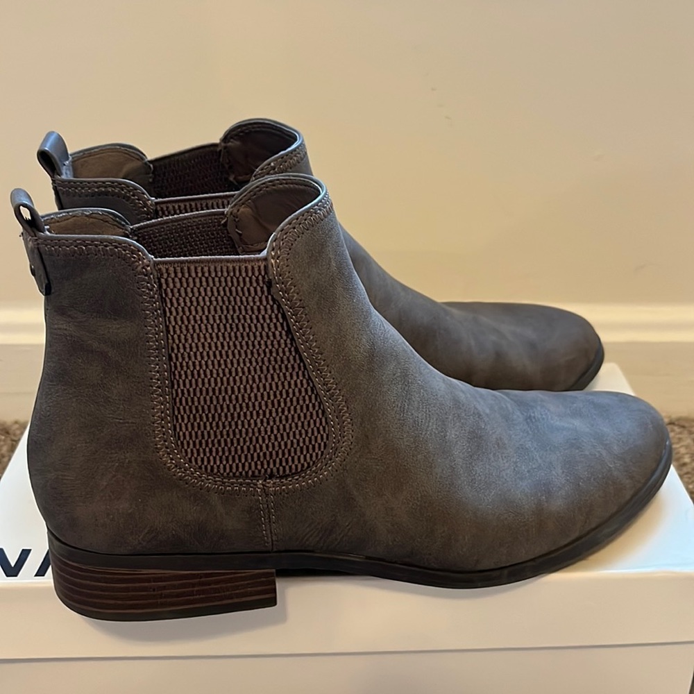 Greenish brown Chelsea boots- I think pleather material? Super comfy!